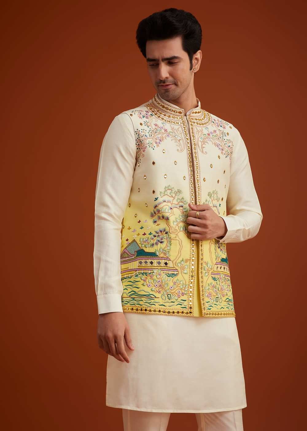 Cream To Yellow Ombre Silk Jacket Set With Thread And Mirror Work