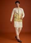 Cream To Yellow Ombre Silk Jacket Set With Thread And Mirror Work