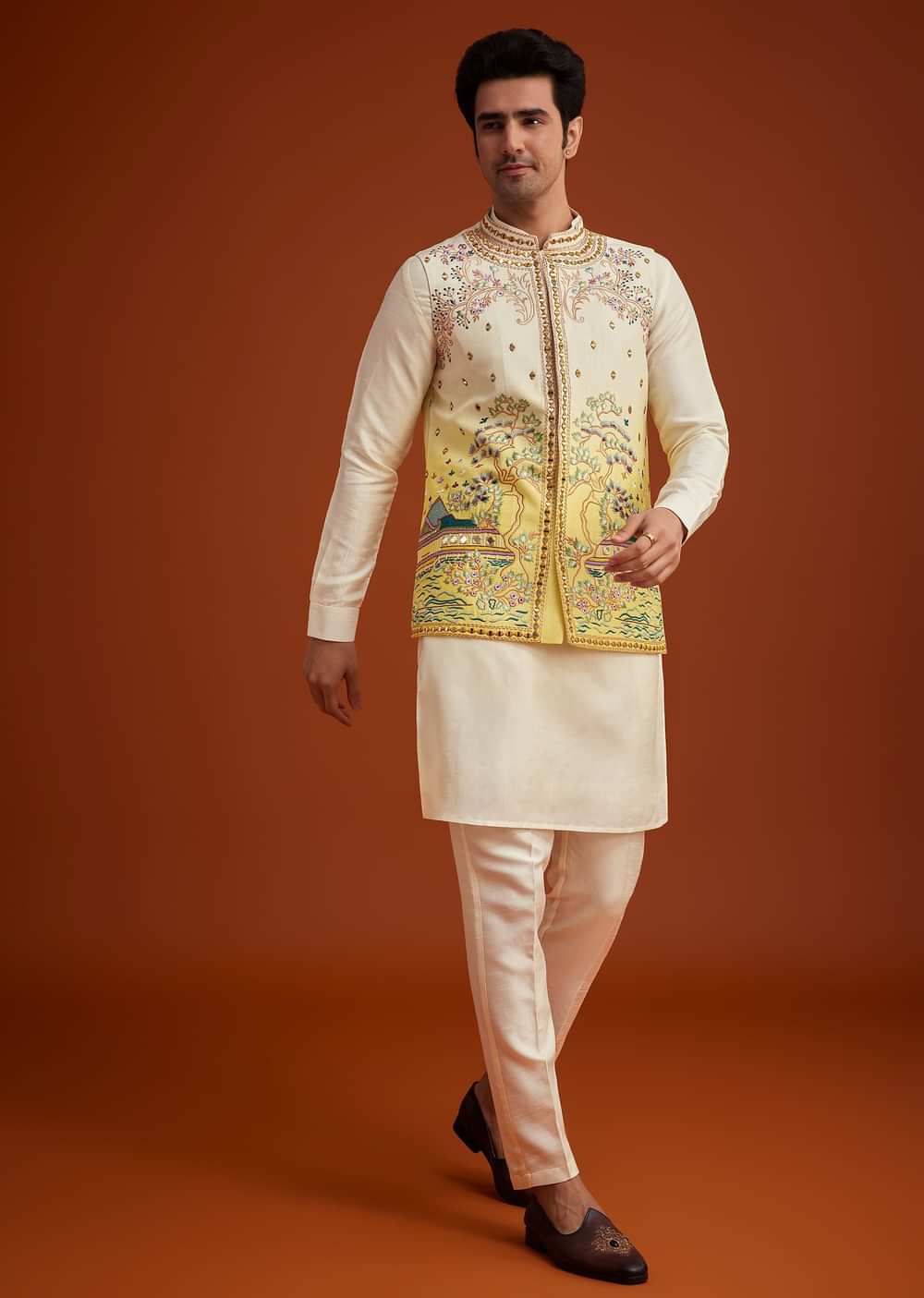 Cream To Yellow Ombre Silk Jacket Set With Thread And Mirror Work