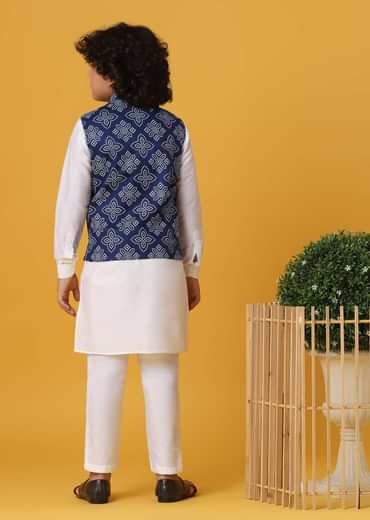 Blue Silk Printed Jacket Kurta Set for Boys
