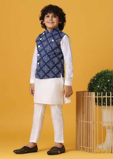 Blue Silk Printed Jacket Kurta Set for Boys