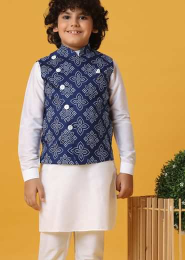 Blue Silk Printed Jacket Kurta Set for Boys