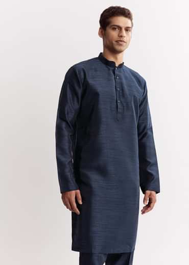 Blue Silk Printed Jacket Kurta Set With Floral Motifs