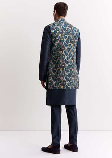 Blue Silk Printed Jacket Kurta Set With Floral Motifs