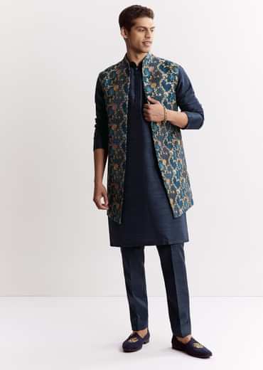 Blue Silk Printed Jacket Kurta Set With Floral Motifs