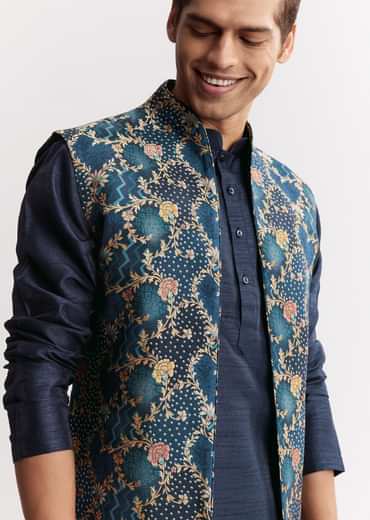 Blue Silk Printed Jacket Kurta Set With Floral Motifs