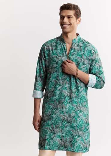 Blue Silk Printed Kurta Set With Zipper