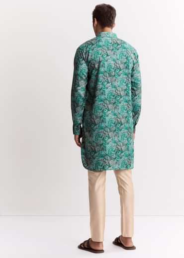 Blue Silk Printed Kurta Set With Zipper