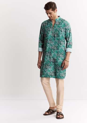 Blue Silk Printed Kurta Set With Zipper