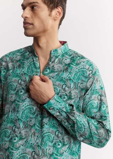 Blue Silk Printed Kurta Set With Zipper