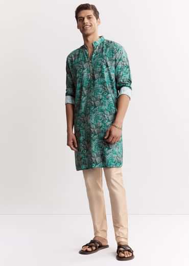 Blue Silk Printed Kurta Set With Zipper