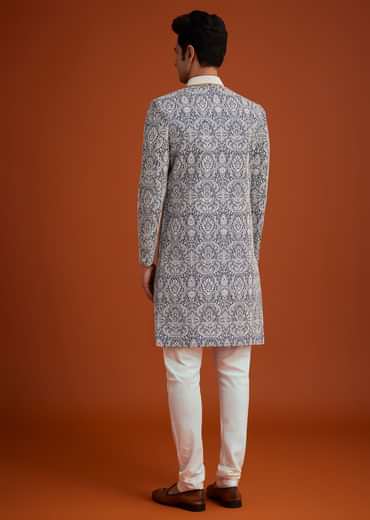 Blue Silk Sherwani Set With Beads Work On Collar