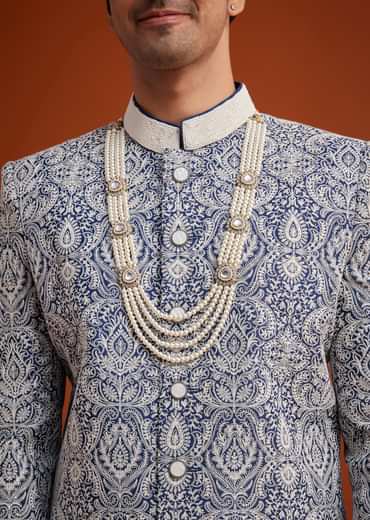 Blue Silk Sherwani Set With Beads Work On Collar