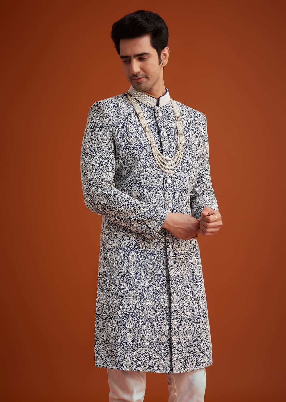 Blue Silk Sherwani Set With Beads Work On Collar