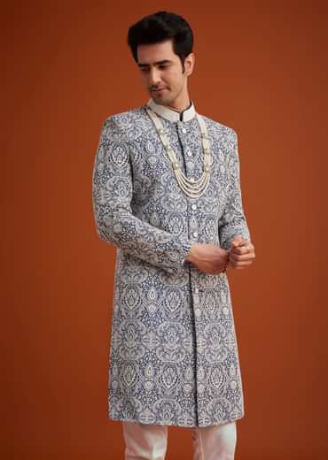 Blue Silk Sherwani Set With Beads Work On Collar