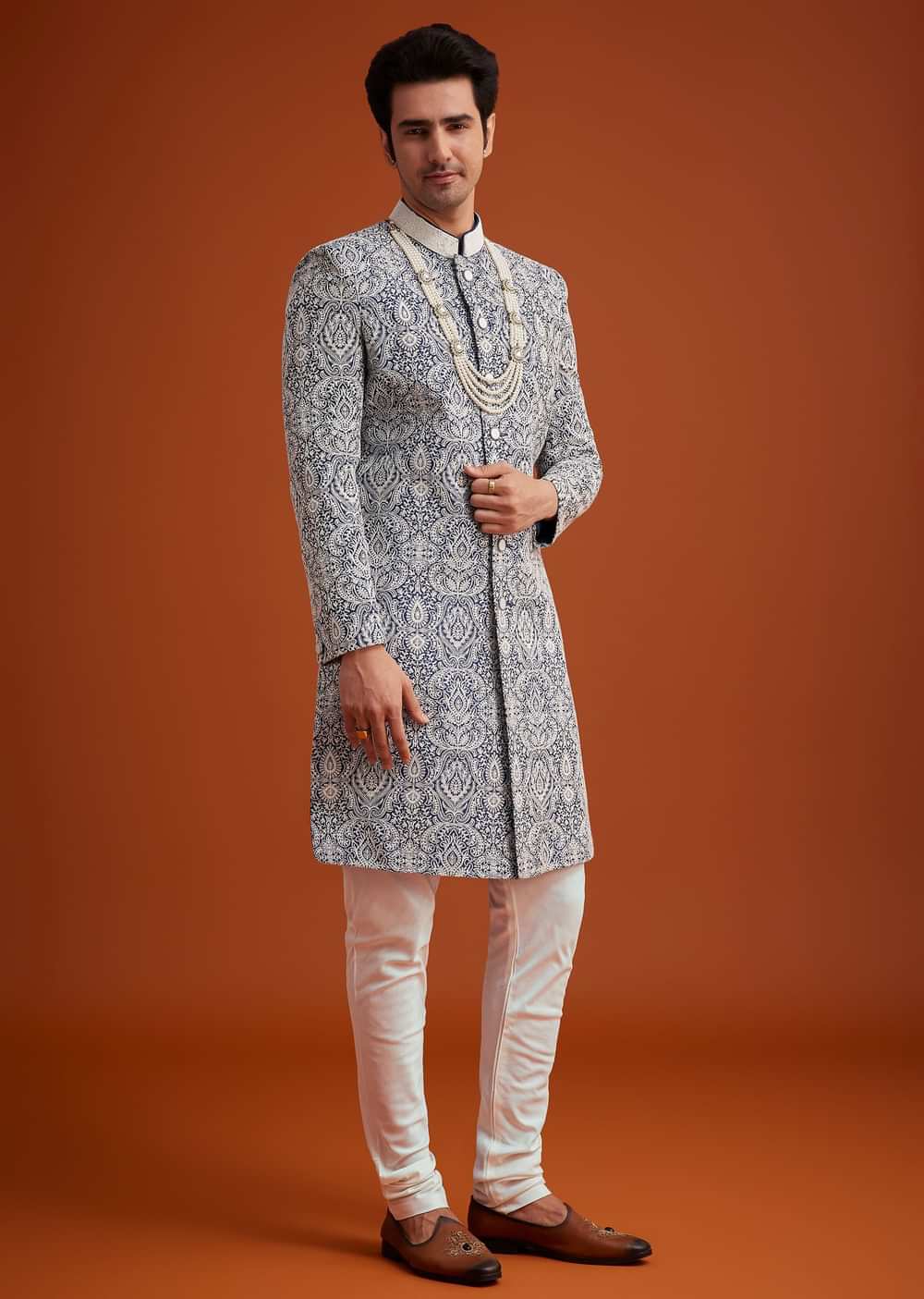 Blue Silk Sherwani Set With Beads Work On Collar