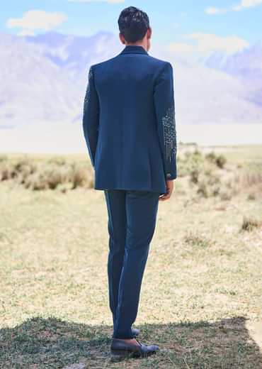 Blue Teal Embroidered Blazer Set