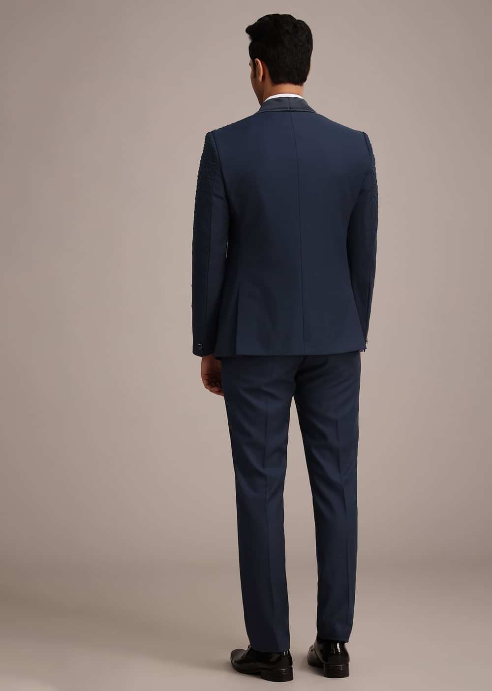 Blue Terry Rayon Tuxedo Set With Hand Work