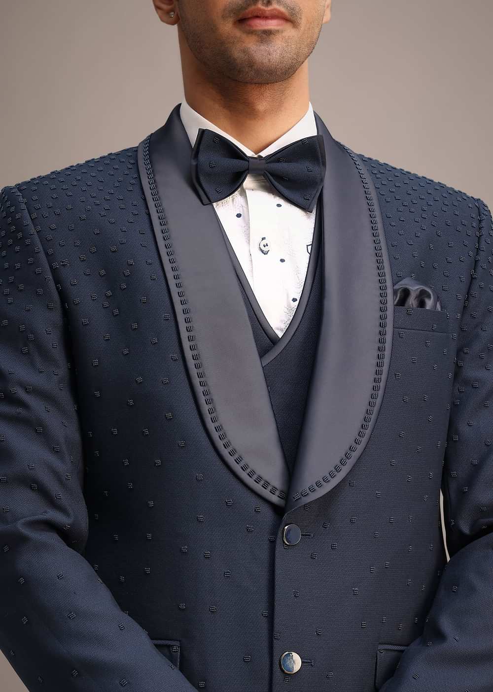 Blue Terry Rayon Tuxedo Set With Hand Work