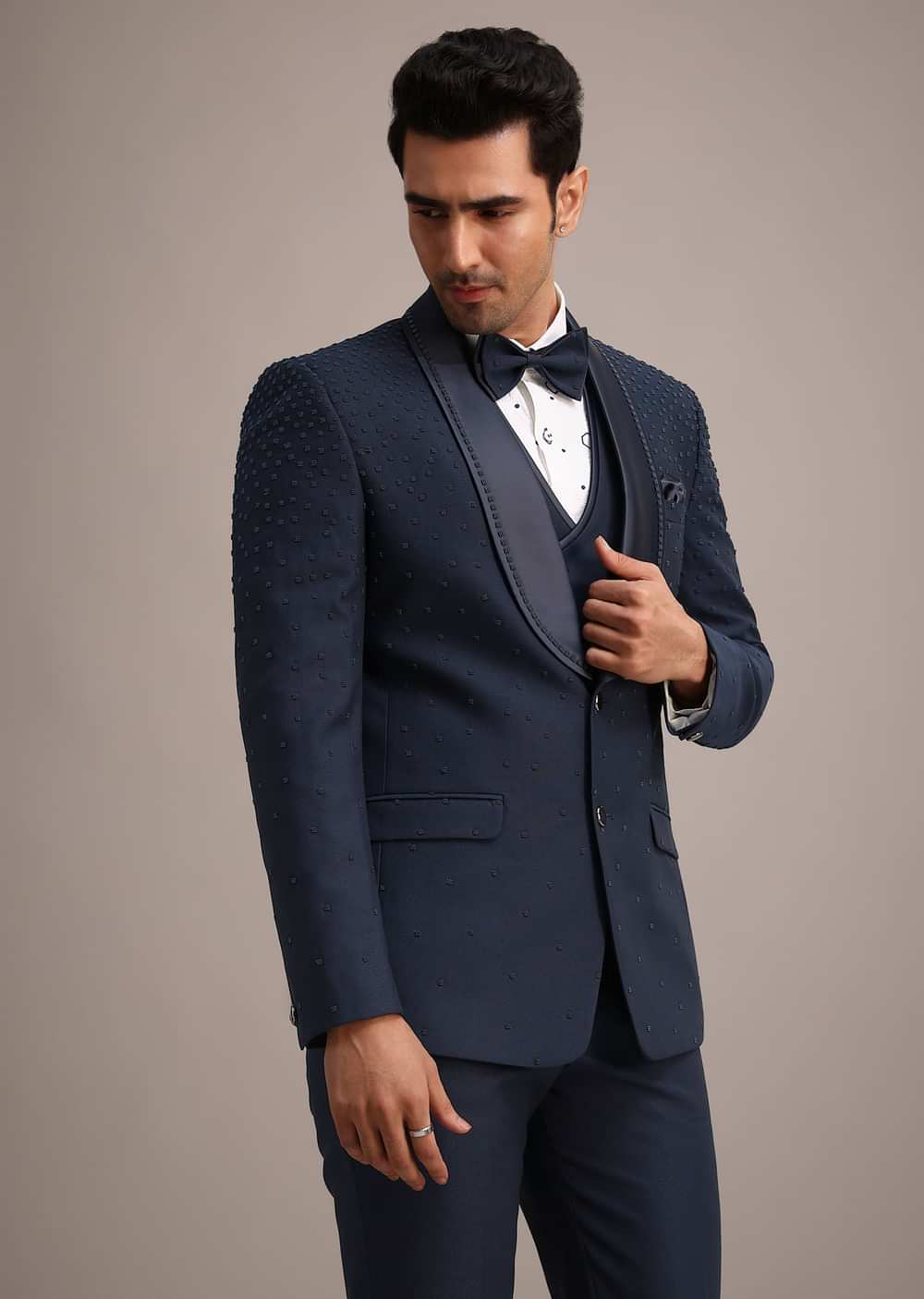 Blue Terry Rayon Tuxedo Set With Hand Work