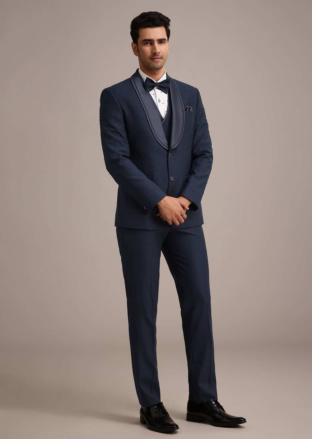 Blue Terry Rayon Tuxedo Set With Hand Work