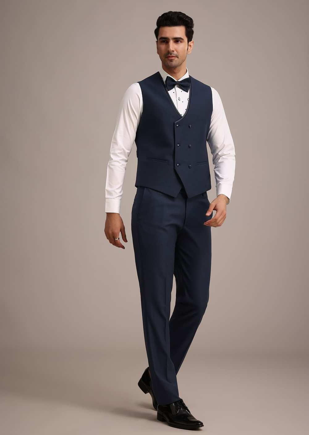 Blue Terry Rayon Tuxedo Set With Hand Work