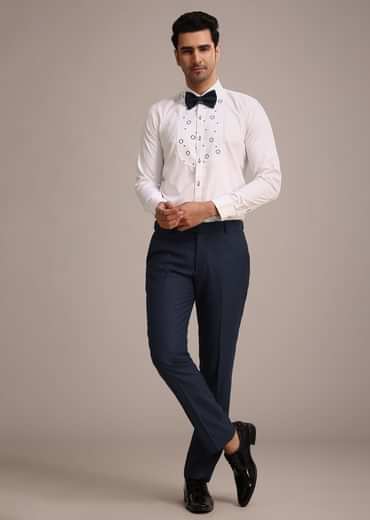 Blue Terry Rayon Tuxedo Set With Hand Work