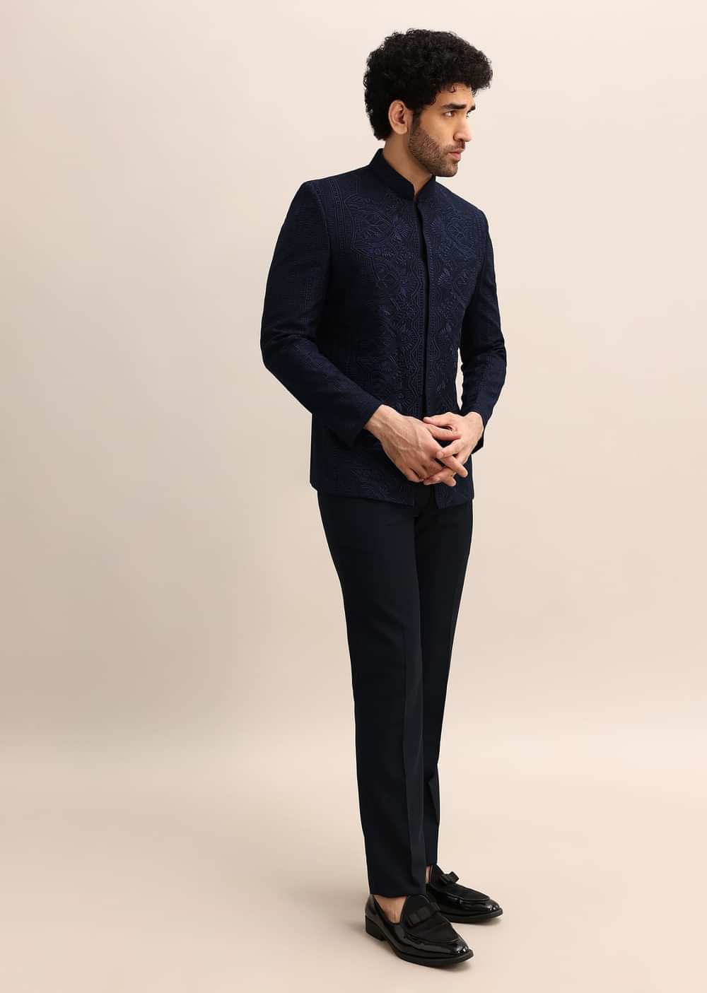 Blue Thread Work Jodhpuri Suit For Men