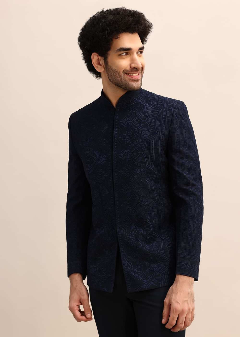 Blue Thread Work Jodhpuri Suit For Men