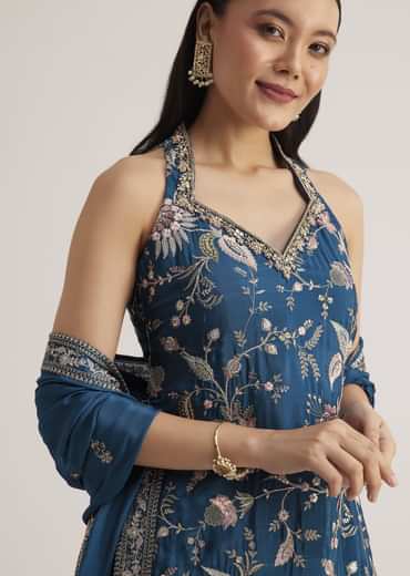 Blue Thread Work Sharara Suit With Dupatta