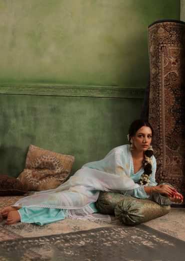 Powder Blue Palazzo Suit Set In Viscose Silk