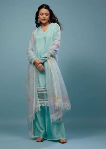 Powder Blue Palazzo Suit Set In Viscose Silk