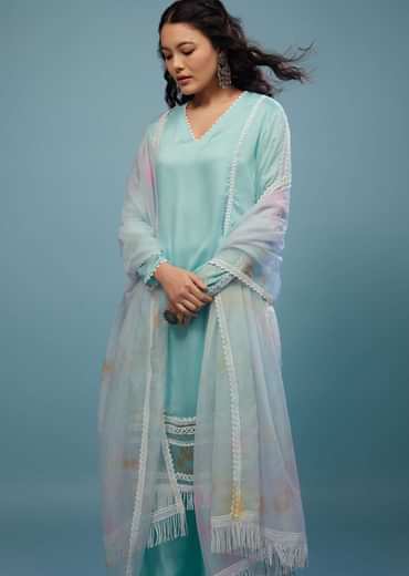 Powder Blue Palazzo Suit Set In Viscose Silk
