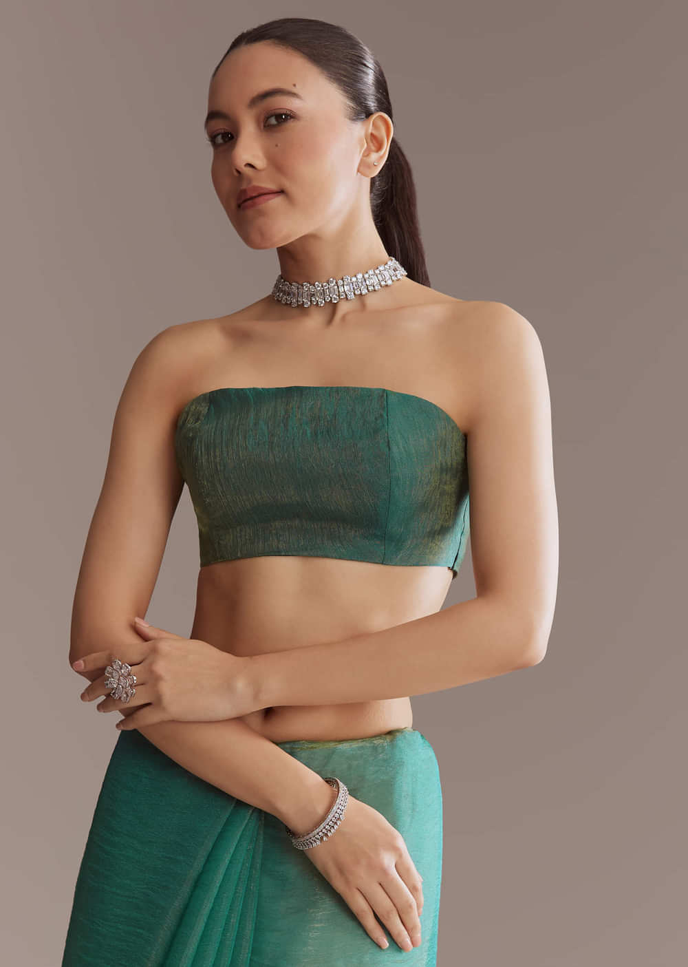 Teal Green Two Tone Tissue Saree With Sequin And Stone Embroidery