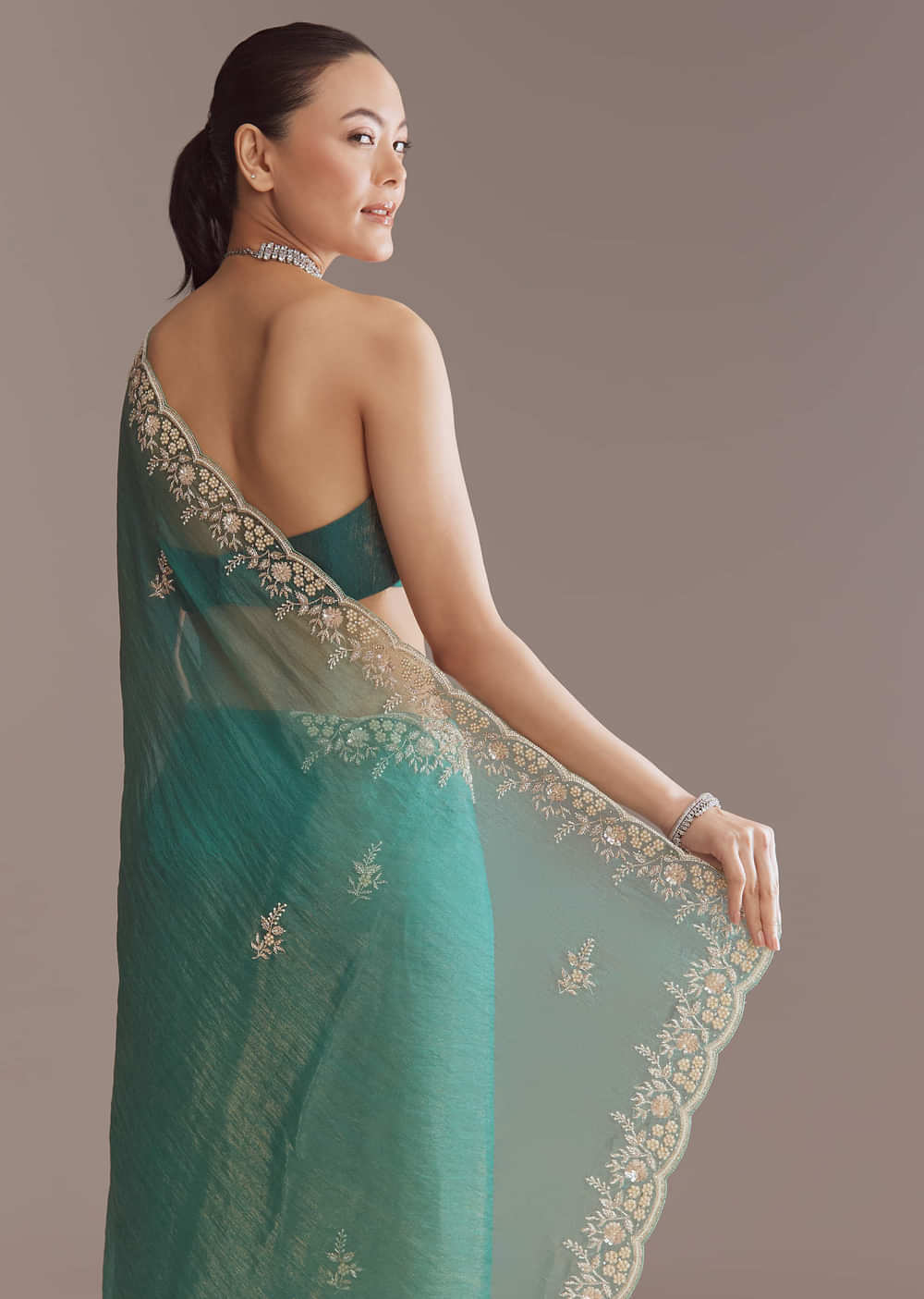 Teal Green Two Tone Tissue Saree With Sequin And Stone Embroidery