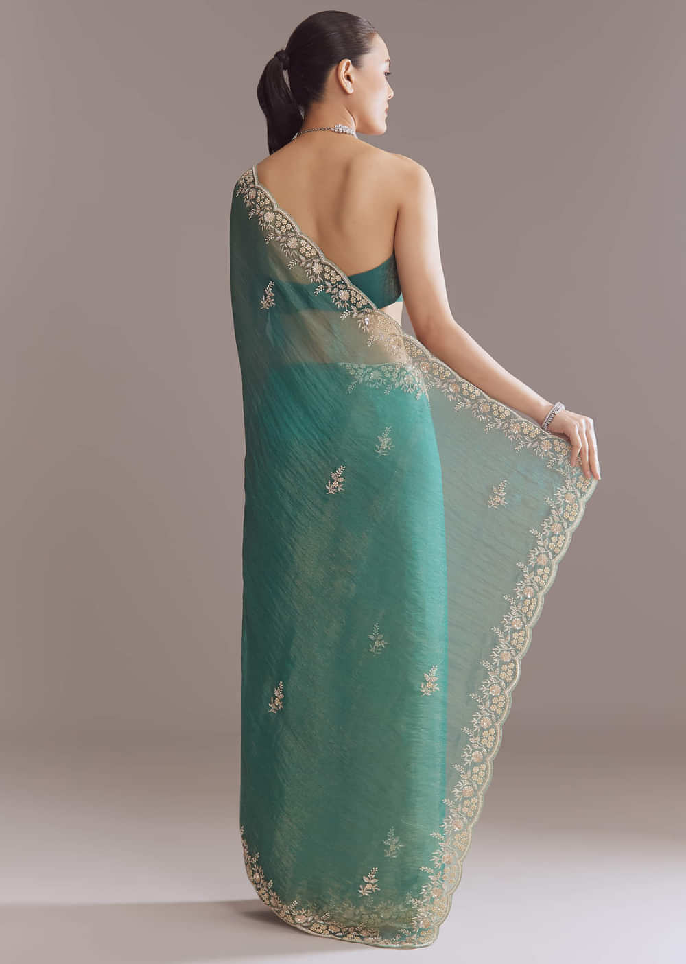 Teal Green Two Tone Tissue Saree With Sequin And Stone Embroidery