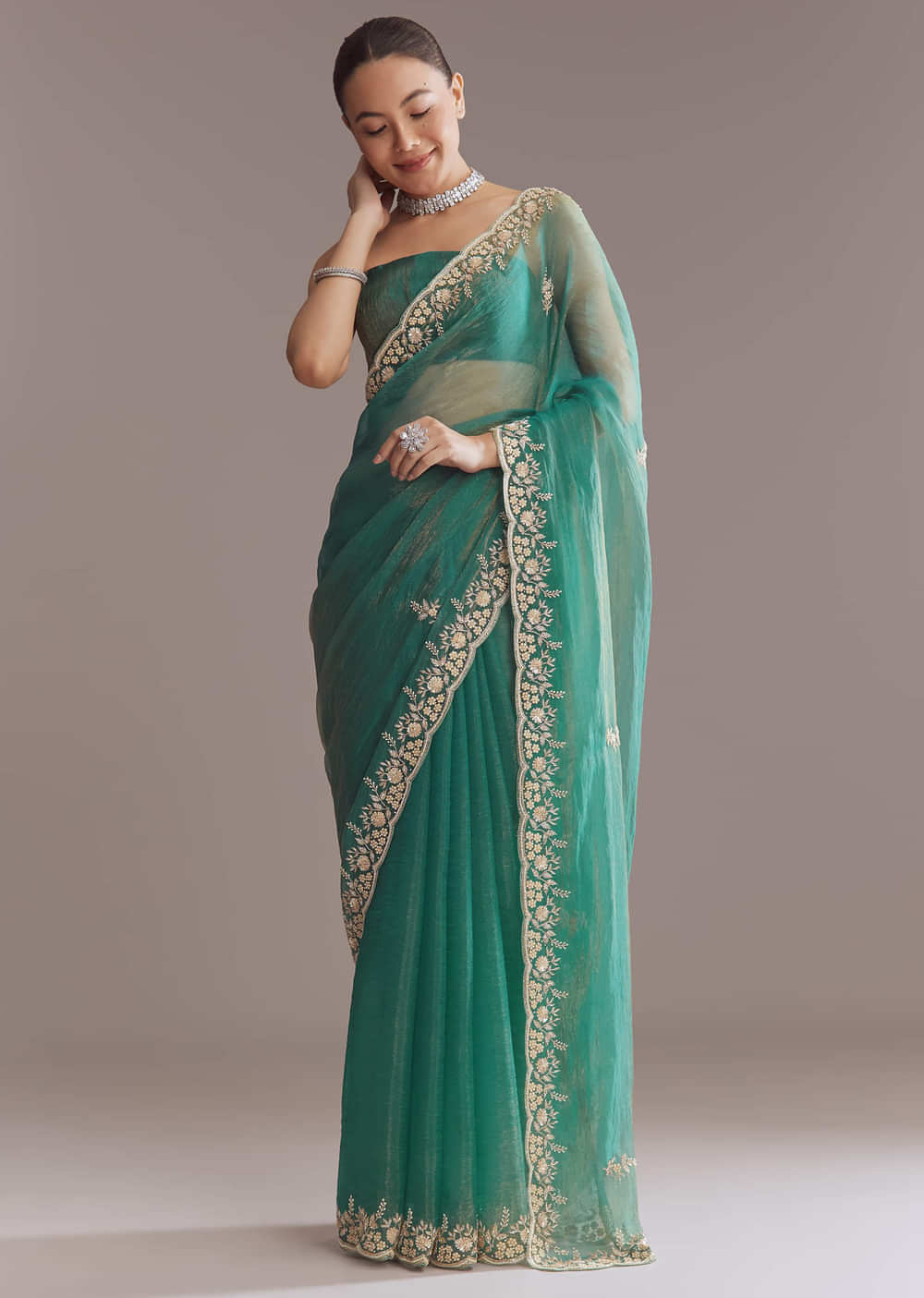 Teal Green Two Tone Tissue Saree With Sequin And Stone Embroidery