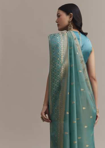 Blue Tissue Silk Saree With Chanderi Zari Weaving