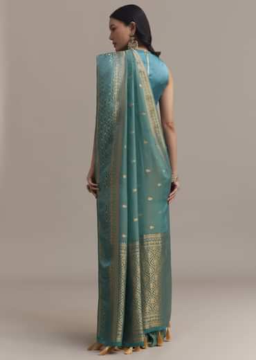 Blue Tissue Silk Saree With Chanderi Zari Weaving