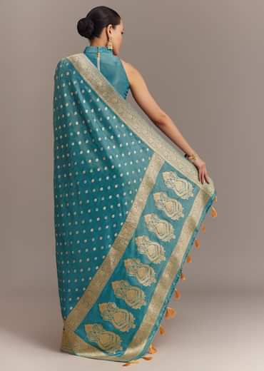 Blue Tissue Silk Saree With Zari Border Butti And Pallu