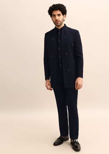 Blue Jacquard 3 Pc Bandhgala Jodhpuri Suit
