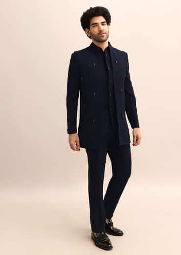 Blue Jacquard 3 Pc Bandhgala Jodhpuri Suit