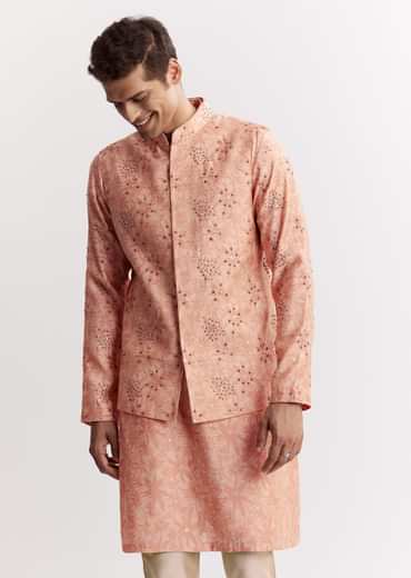 Blush Peach Silk Kurta Jacket Set With Sequins And Moti Detailing