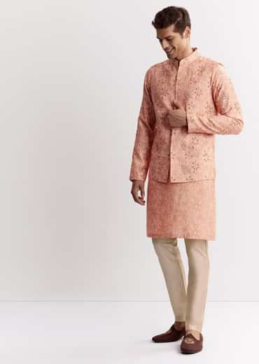 Blush Peach Silk Kurta Jacket Set With Sequins And Moti Detailing