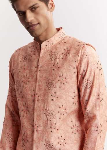 Blush Peach Silk Kurta Jacket Set With Sequins And Moti Detailing