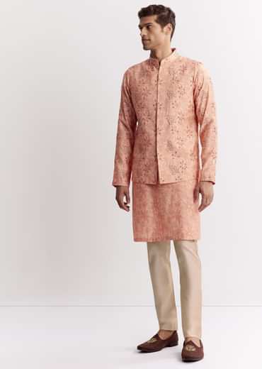 Blush Peach Silk Kurta Jacket Set With Sequins And Moti Detailing