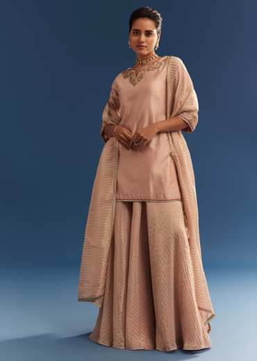 Blush Pink Chanderi Kurta Palazzo Set With Organza Dupatta