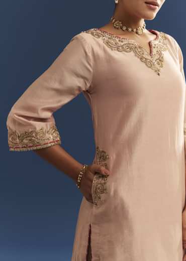Blush Pink Chanderi Kurta Palazzo Set With Organza Dupatta