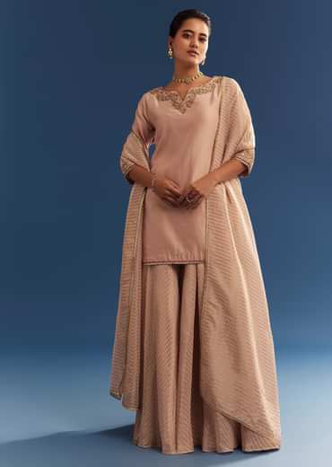 Blush Pink Chanderi Kurta Palazzo Set With Organza Dupatta