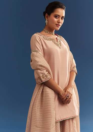 Blush Pink Chanderi Kurta Palazzo Set With Organza Dupatta